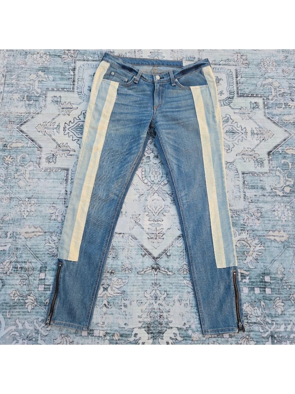 Rag & Bone Skinny Racer Relay Jeans Size 29 Ankle Zip Side Stripes Blue White